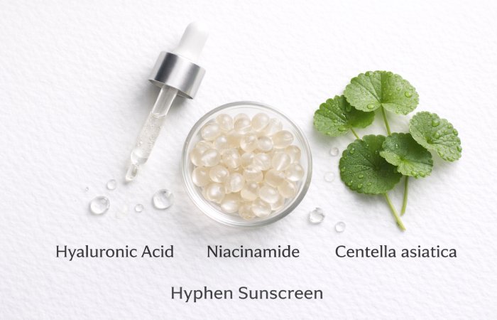 Key ingredients in Hyphen sunscreen including niacinamide and hyaluronic acid
